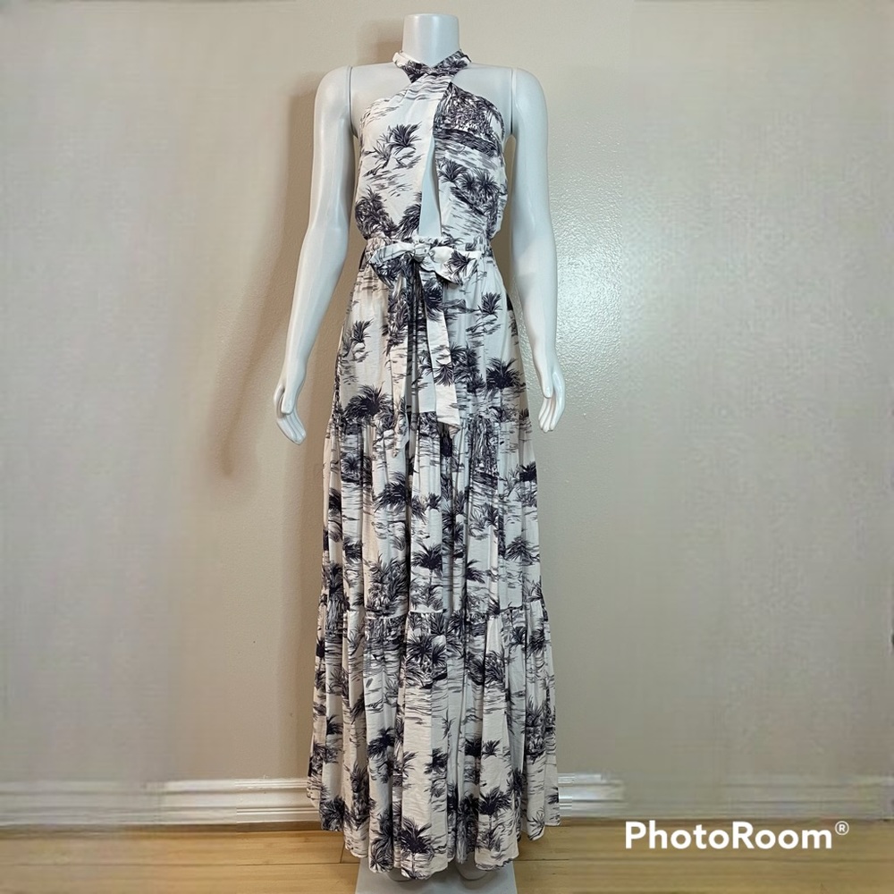 White blue palm tree print crisscross halter neck belted maxi dress